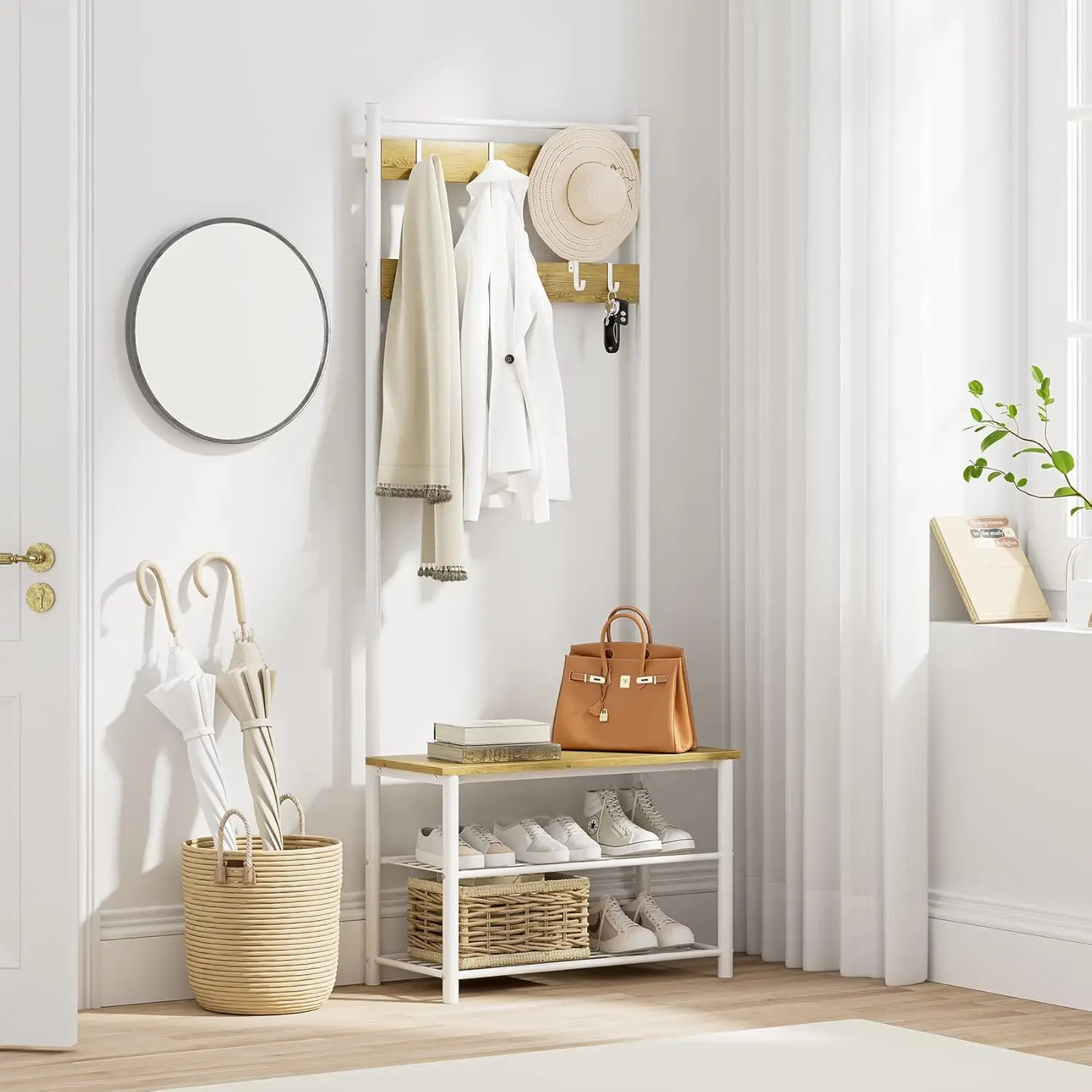 3-in-1 Hall Tree with Bench and Shoe Storage, Freestanding Coat Rack with 9 Hooks, 3-Tier Shelf, White/Walnut
3-in-1 Hall Tree with Bench and Shoe Storage, Freestanding Coat Rack with 9 Hooks, 3-Tier Shelf, White/Walnut