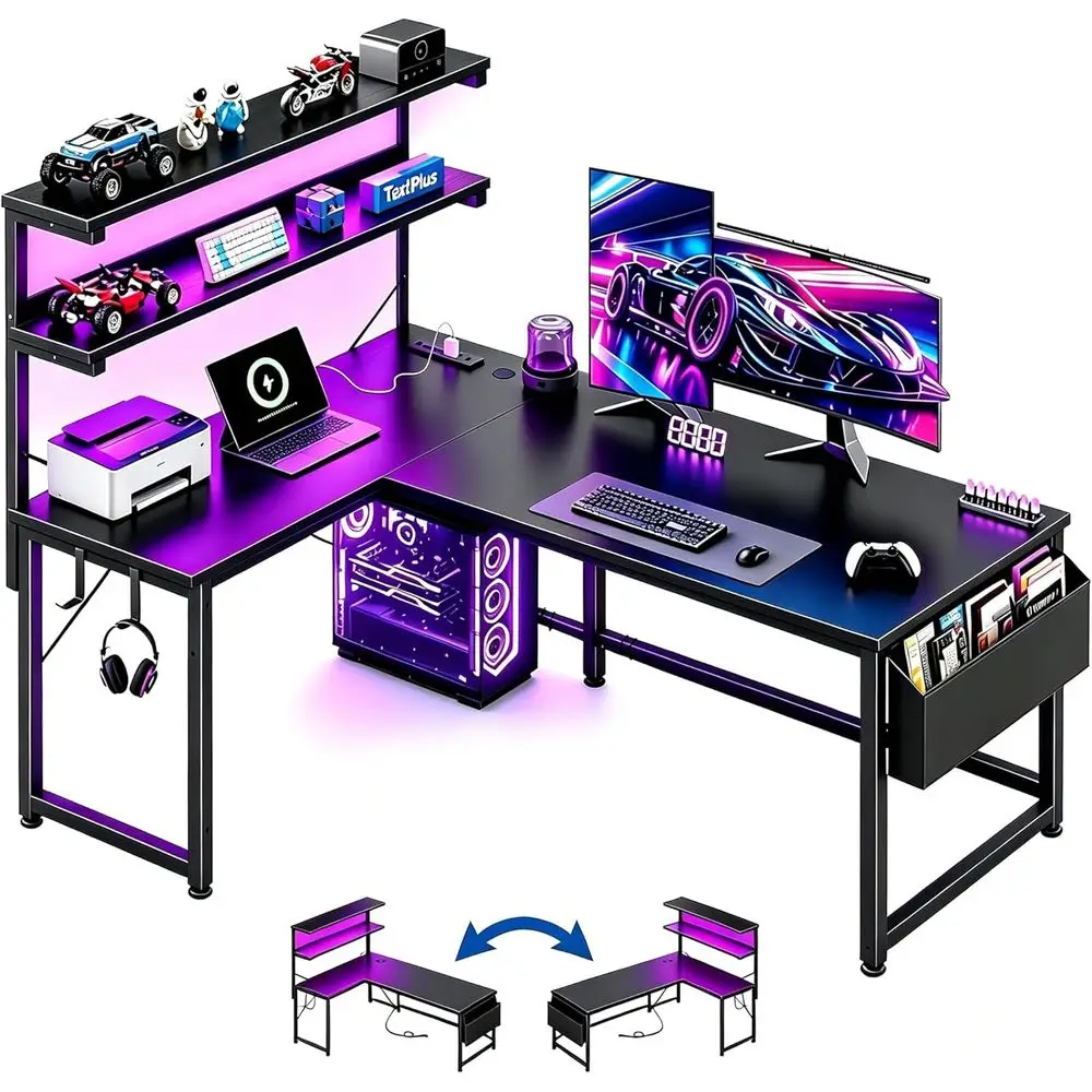 LED-lit 53 L-Shaped Gaming Desk with Power Outlet and Storage for Gamers and Home Office, Black
LED-lit 53 L-Shaped Gaming Desk with Power Outlet and Storage for Gamers and Home Office, Black
