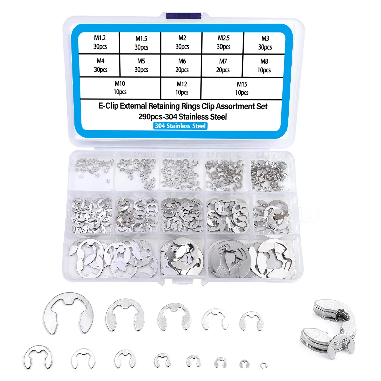 290pcs E Clip Circlip Washer shaft External Retaining Ring clip Kit 304 stainless steel M1.2M1.5M2M2.5M3M4-M8M10M12M15 For Shaft
290pcs E Clip Circlip Washer shaft External Retaining Ring clip Kit 304 stainless steel M1.2M1.5M2M2.5M3M4-M8M10M12M15 For Shaft