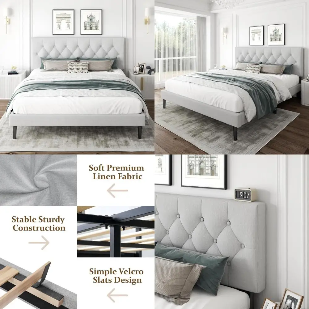 King-Sized Upholstered Platform Bed Frame with Button-Tufted Headboard, Wooden Slats, No Box Spring Required, Easy Assembly
King-Sized Upholstered Platform Bed Frame with Button-Tufted Headboard, Wooden Slats, No Box Spring Required, Easy Assembly