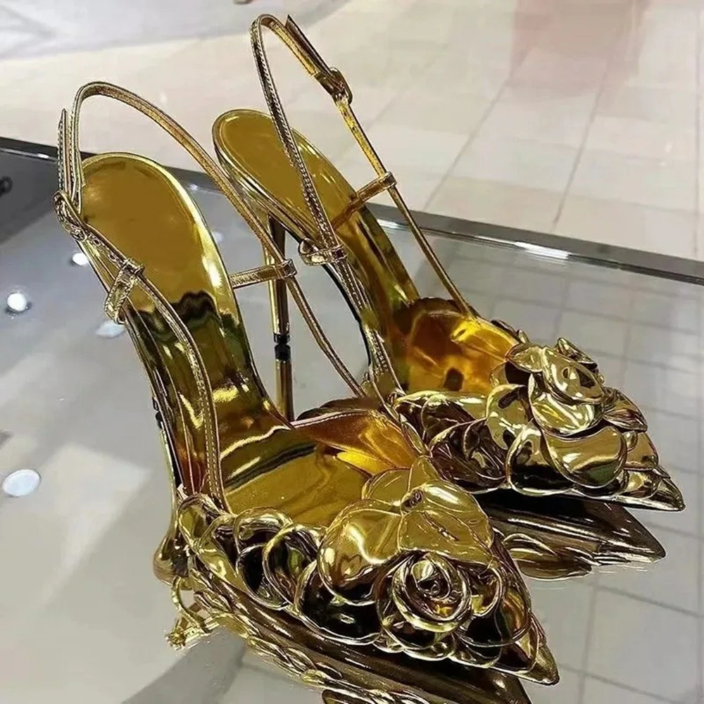 Luxe Gold Pointed-Toe Slingback Heeled Sandals Stiletto Heel Metallic 3D Floral Detail Ankle Strap Buckle Design Evening Heels
Luxe Gold Pointed-Toe Slingback Heeled Sandals Stiletto Heel Metallic 3D Floral Detail Ankle Strap Buckle Design Evening Heels