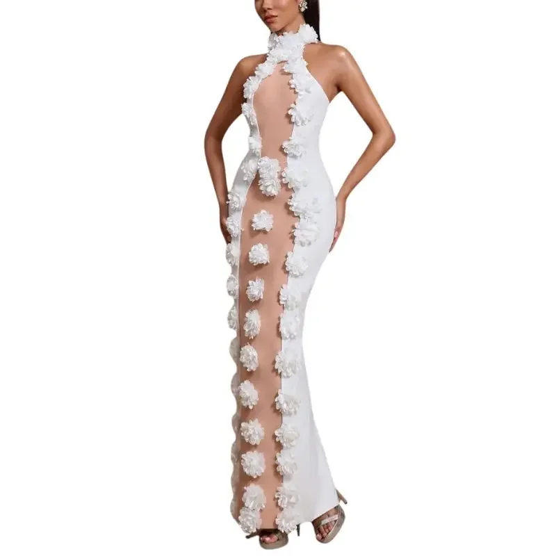 Luxury White 3D Floral Applique Halter Maxi Dress Sexy Illusion Mesh Evening Gown Elegant Wedding Guest Prom Party Clubwear
Luxury White 3D Floral Applique Halter Maxi Dress Sexy Illusion Mesh Evening Gown Elegant Wedding Guest Prom Party Clubwear
