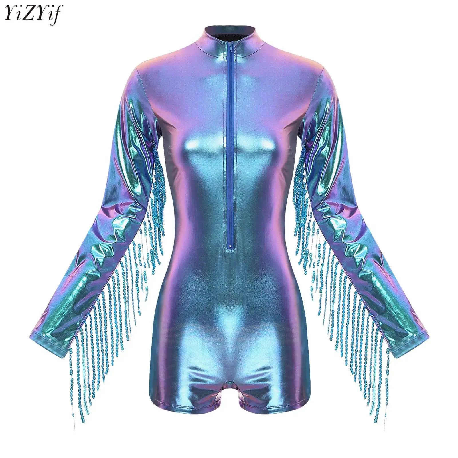 Womens Shiny Metallic Bodysuit Long Sleeve Mock Neck Sequins Tassels Front Zipper Jumpsuit Jazz Dance Leotard Biketard Leotard
Womens Shiny Metallic Bodysuit Long Sleeve Mock Neck Sequins Tassels Front Zipper Jumpsuit Jazz Dance Leotard Biketard Leotard
