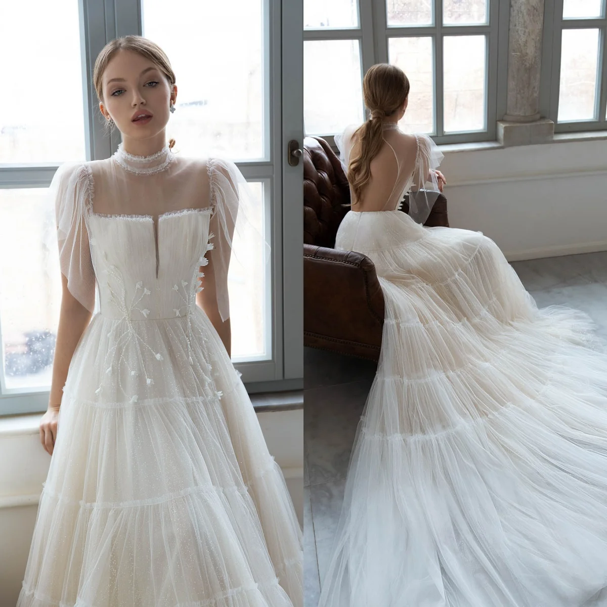 Tulle Princess High-neck Wedding Dresses Lace Pleats Flower Flare Sleeve Luxurious Prom Dress Backless Chic Marriage Formal Gown
Tulle Princess High-neck Wedding Dresses Lace Pleats Flower Flare Sleeve Luxurious Prom Dress Backless Chic Marriage Formal Gown