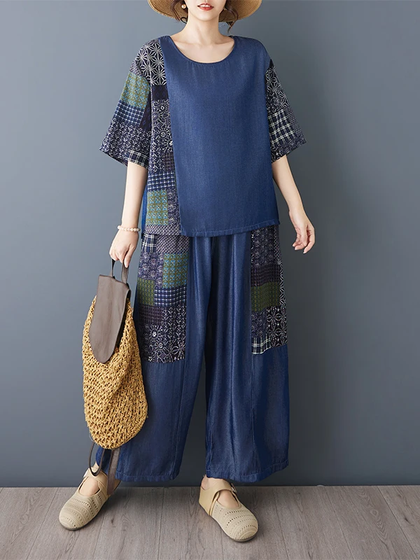 Fashionable Denim Patchwork Floral Casual Short Sleeve T-Shirt Wide Leg Pants Two-Piece Set Artistic Style Summer Wear for Women
Fashionable Denim Patchwork Floral Casual Short Sleeve T-Shirt Wide Leg Pants Two-Piece Set Artistic Style Summer Wear for Women