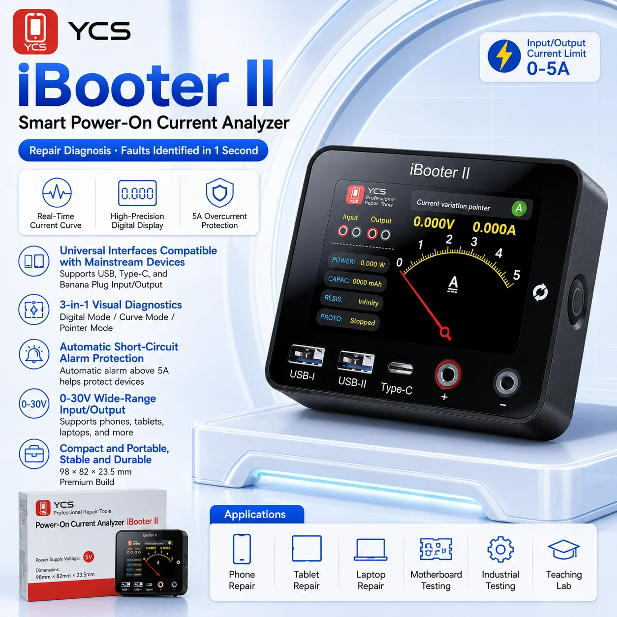 YCS iBooter II Power-On Current Analyzer 0-30V 0-5A Digital Display USB Type-C Tester Fault Diagnosis Phone Motherboard Repair
YCS iBooter II Power-On Current Analyzer 0-30V 0-5A Digital Display USB Type-C Tester Fault Diagnosis Phone Motherboard Repair