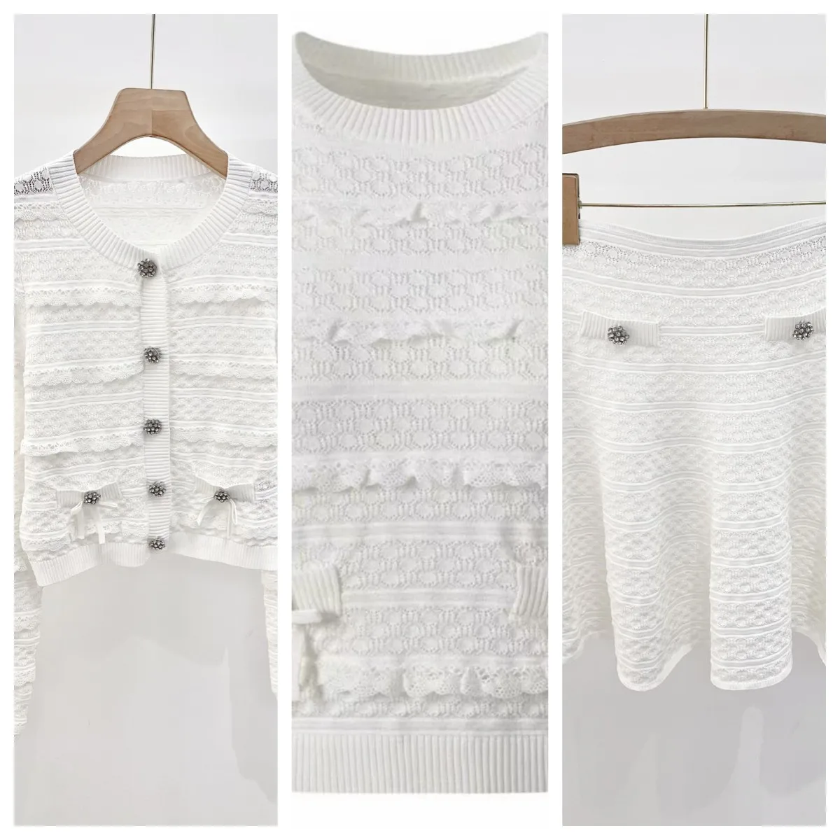 White Women Hollow Out Ruffles Set 2026 Spring Diamond Buckle Short Cardigan + A-Line Mini Skirt + O-neck short sleeves Lady
White Women Hollow Out Ruffles Set 2026 Spring Diamond Buckle Short Cardigan + A-Line Mini Skirt + O-neck short sleeves Lady