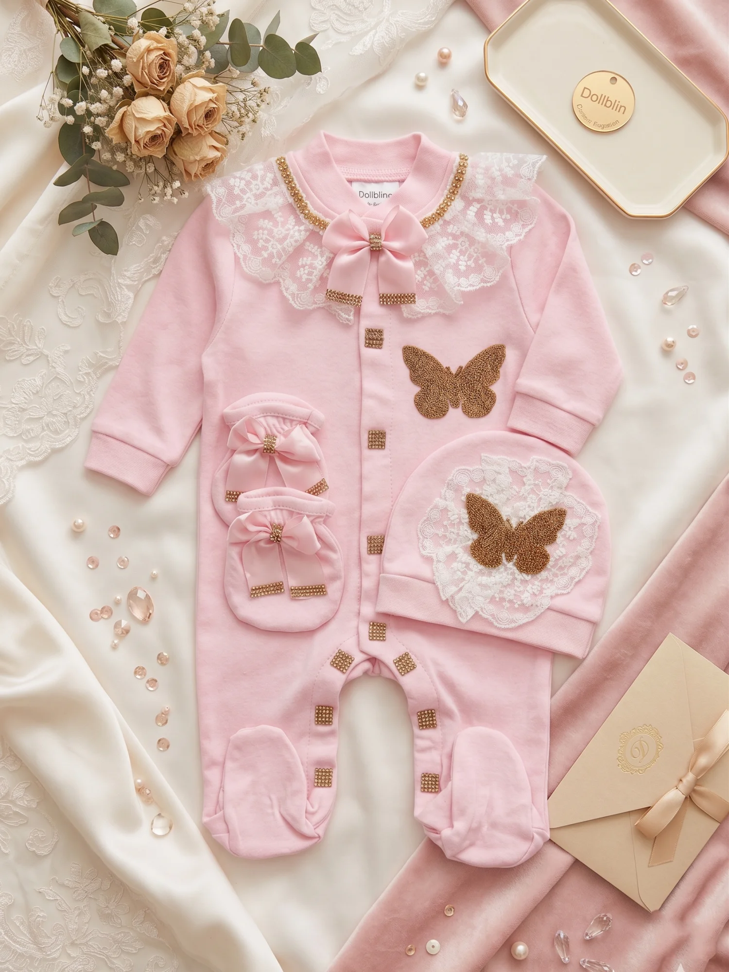 3Pcs Wondrous Graceful Princess Style Baby Romper Set Gold Rhinestone Bow Lace Trim Jumpsuit Hat Mittens Top Tier Soft
3Pcs Wondrous Graceful Princess Style Baby Romper Set Gold Rhinestone Bow Lace Trim Jumpsuit Hat Mittens Top Tier Soft