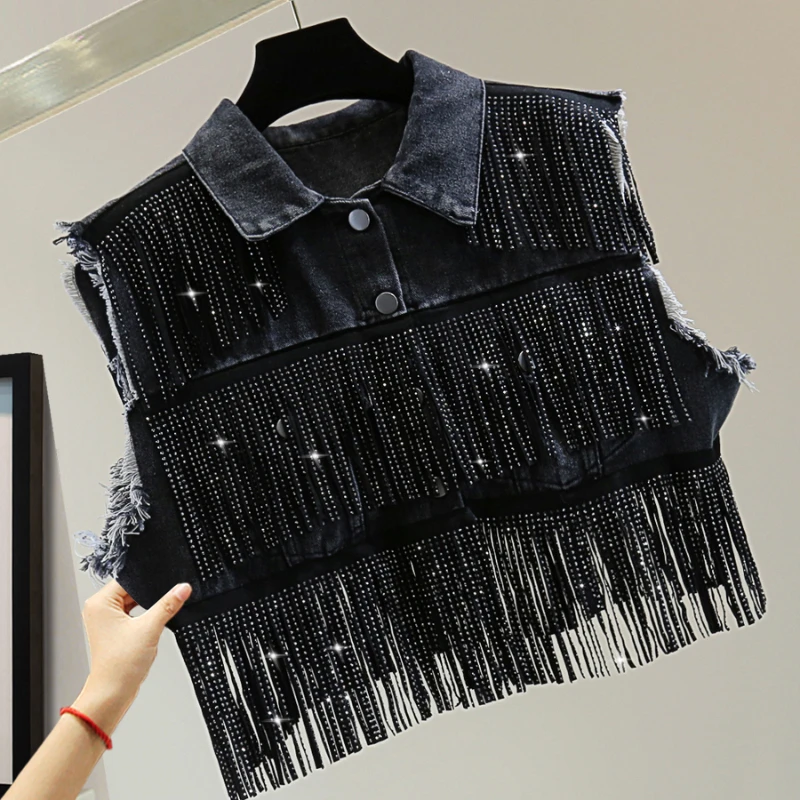 Tassel Rhinestone Sleeveless Denim Vest for Women 2025 Summer Korean Style Slimming High Waist Short Solid Color Casual Top
Tassel Rhinestone Sleeveless Denim Vest for Women 2025 Summer Korean Style Slimming High Waist Short Solid Color Casual Top