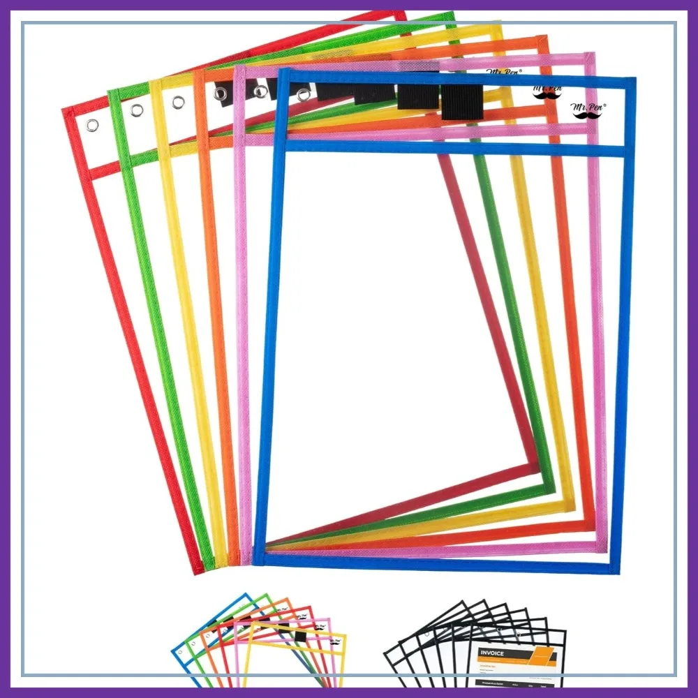 Reusable Dry Erase Pocket Sleeves, 10x14, 6 Pack, Colorful, Clear Plastic Sheet Protectors for Classroom
Reusable Dry Erase Pocket Sleeves, 10x14, 6 Pack, Colorful, Clear Plastic Sheet Protectors for Classroom