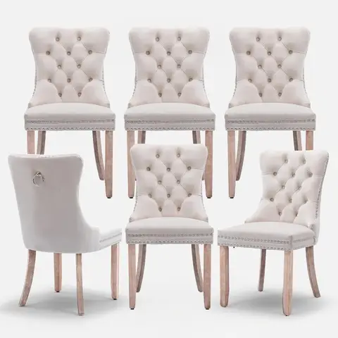Set of 6 Modern Velvet Dining Chairs with Nailhead Trim, Wood Legs, and Metal Pulling Ring