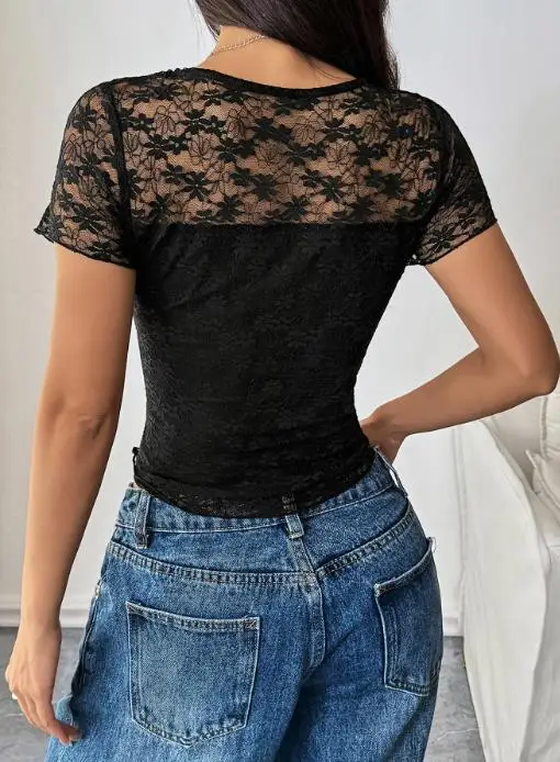 Summer Solid Color Slim Sexy Waist Cinching Semi Transparent Short Sleeved Top Sexy Spicy Girl Top Round Neck Lace Patchwork
Summer Solid Color Slim Sexy Waist Cinching Semi Transparent Short Sleeved Top Sexy Spicy Girl Top Round Neck Lace Patchwork