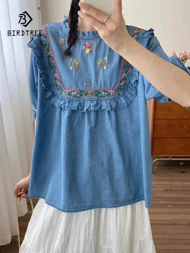 New 2026 Summer Women Denim Short Sleeve Shirt, Stand Ruffles Embroidery, Mori Girl Preppy Style Casual Loose Blouse T65820CC
New 2026 Summer Women Denim Short Sleeve Shirt, Stand Ruffles Embroidery, Mori Girl Preppy Style Casual Loose Blouse T65820CC