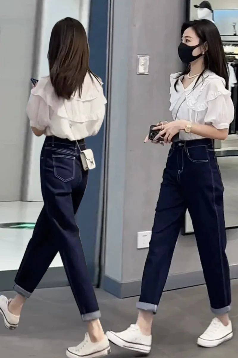 Girls' Summer New Style Doll Collar Shirt And High Waist Jeans Nine Points Thin Denim Pants Two Piece Set Casual Fashion
Girls' Summer New Style Doll Collar Shirt And High Waist Jeans Nine Points Thin Denim Pants Two Piece Set Casual Fashion