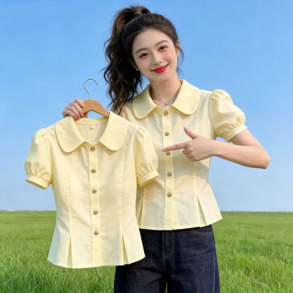 Fashionable Color Short Sleeve Shirt Women's Summer New Sweet Doll Collar Design Waist-Cinching Top Elegant Style
Fashionable Color Short Sleeve Shirt Women's Summer New Sweet Doll Collar Design Waist-Cinching Top Elegant Style