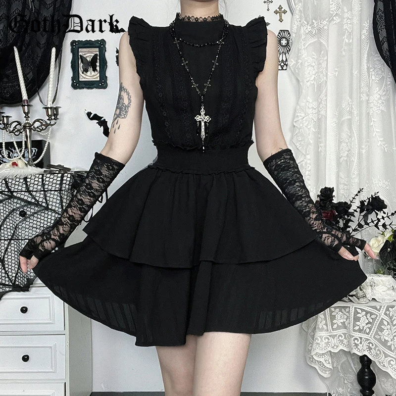 Goth Dark Alt Black Sleeveless A-line Dress E-girl Grunge Lace Patchwork Slim Waisted Mini Dresses Mall Gothic Women Teachwear
Goth Dark Alt Black Sleeveless A-line Dress E-girl Grunge Lace Patchwork Slim Waisted Mini Dresses Mall Gothic Women Teachwear