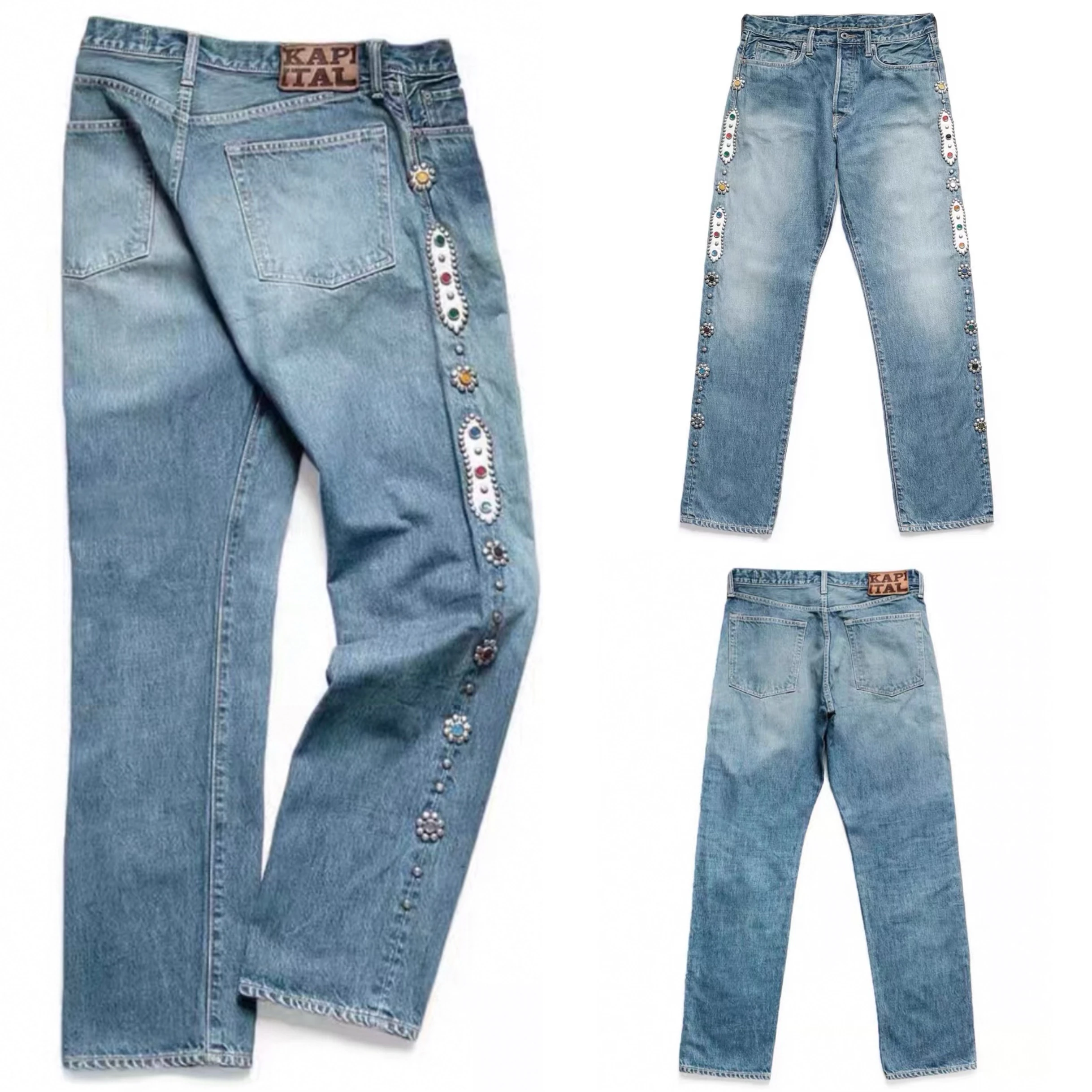 KAPITAL Хирата и Хироши 24SS Классический комплект с заклепками Винтажные джинсы с бриллиантами Повседневные мужские брюки с ковбойским драгоценным камнем
KAPITAL Хирата и Хироши 24SS Классический комплект с заклепками Винтажные джинсы с бриллиантами Повседневные мужские брюки с ковбойским драгоценным камнем