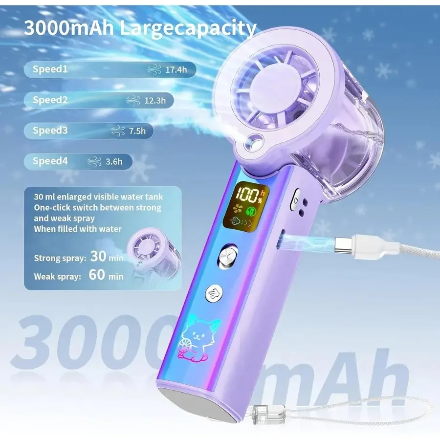 USB Rechargeable Handheld Mini Fan Suitable for Women and - Portable Mist Cooling System with 19H Runtime, 100-Speed Adjustable
USB Rechargeable Handheld Mini Fan Suitable for Women and - Portable Mist Cooling System with 19H Runtime, 100-Speed Adjustable