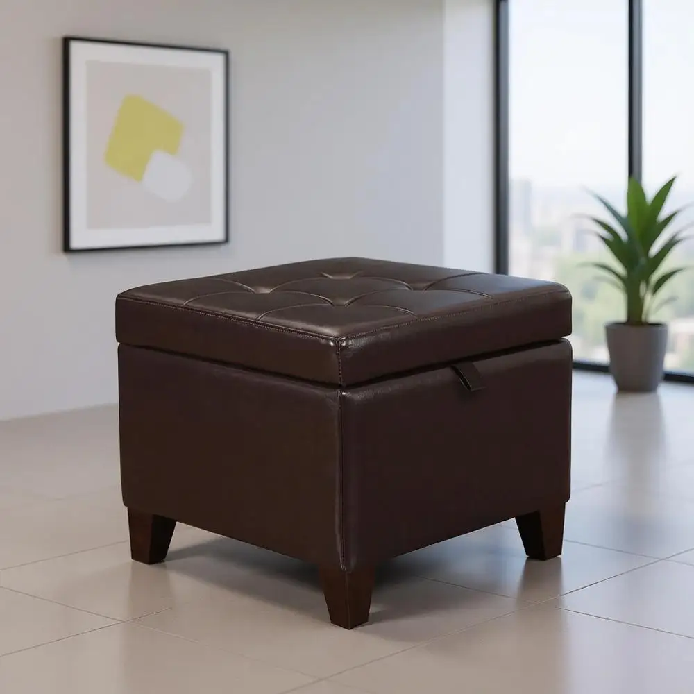 Leather Ottoman Storage Stool with Square Seat and Wooden Legs in Brown
Leather Ottoman Storage Stool with Square Seat and Wooden Legs in Brown