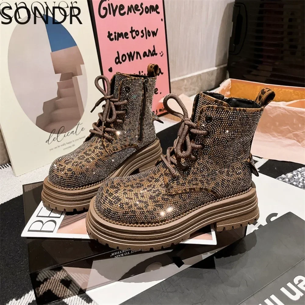 Womens Round Toe Rhinestones Crystal Ankle Boots Leopard Mixed Colors Chunky Heel Lace Up Shoes Genuine Leather New 2024
Womens Round Toe Rhinestones Crystal Ankle Boots Leopard Mixed Colors Chunky Heel Lace Up Shoes Genuine Leather New 2024