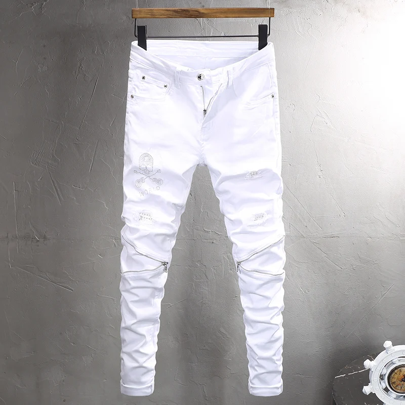 Street Fashion Men Jeans White Elastic Stretch Skinny Ripped Jeans Men Skull Designer Zipper Patched Hip Hop Punk Pants Hombre
Street Fashion Men Jeans White Elastic Stretch Skinny Ripped Jeans Men Skull Designer Zipper Patched Hip Hop Punk Pants Hombre