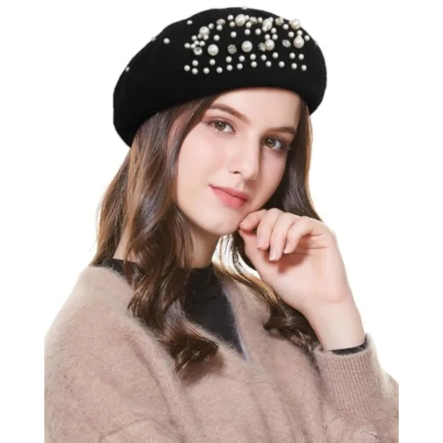 Classic French Wool Beret with Pearl and Rhinestone Embellishments, Beanie Cap Style Hat for Women and Girls
Classic French Wool Beret with Pearl and Rhinestone Embellishments, Beanie Cap Style Hat for Women and Girls