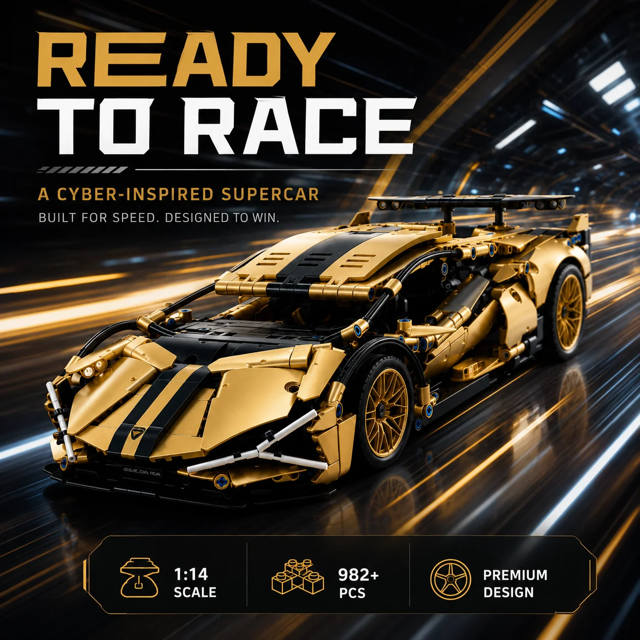 Gold Cyberpunk Supercar Building Blocks 982PCS 1:14 Sports Racing Car Model Kit Collectible Display Bricks Toy Gift for Boys Adu
Gold Cyberpunk Supercar Building Blocks 982PCS 1:14 Sports Racing Car Model Kit Collectible Display Bricks Toy Gift for Boys Adu
