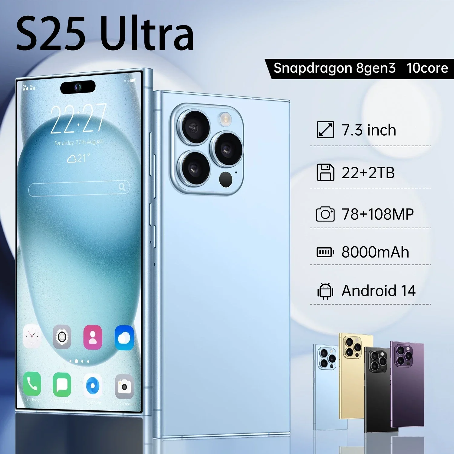 S25 Ultra Original Android 14 Unlocked SmartPhone 7.3 Inch Snapdragon 8 Gen 3 Mobile Phones Camera 5G Dual Sim 22GB+2TB Celular
S25 Ultra Original Android 14 Unlocked SmartPhone 7.3 Inch Snapdragon 8 Gen 3 Mobile Phones Camera 5G Dual Sim 22GB+2TB Celular