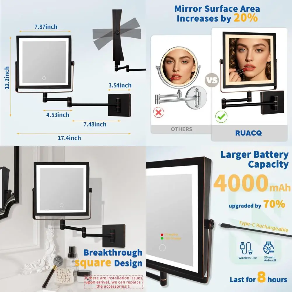 Double-Sided LED Makeup Mirror with 1X/10X Magnification, Touch-Screen Dimming, 3 Color Lights, Oil Rubbed Bronze Finish
Double-Sided LED Makeup Mirror with 1X/10X Magnification, Touch-Screen Dimming, 3 Color Lights, Oil Rubbed Bronze Finish