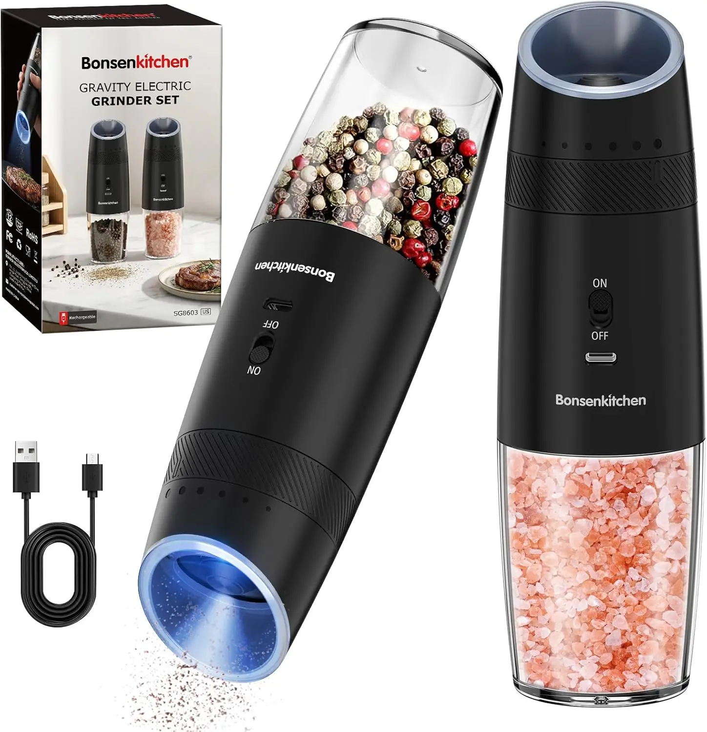 Electric Salt and Pepper Grinder Set, Gravity-Sensing, Rechargeable, 6-Level Coarseness, LED Light, 135ml
Electric Salt and Pepper Grinder Set, Gravity-Sensing, Rechargeable, 6-Level Coarseness, LED Light, 135ml