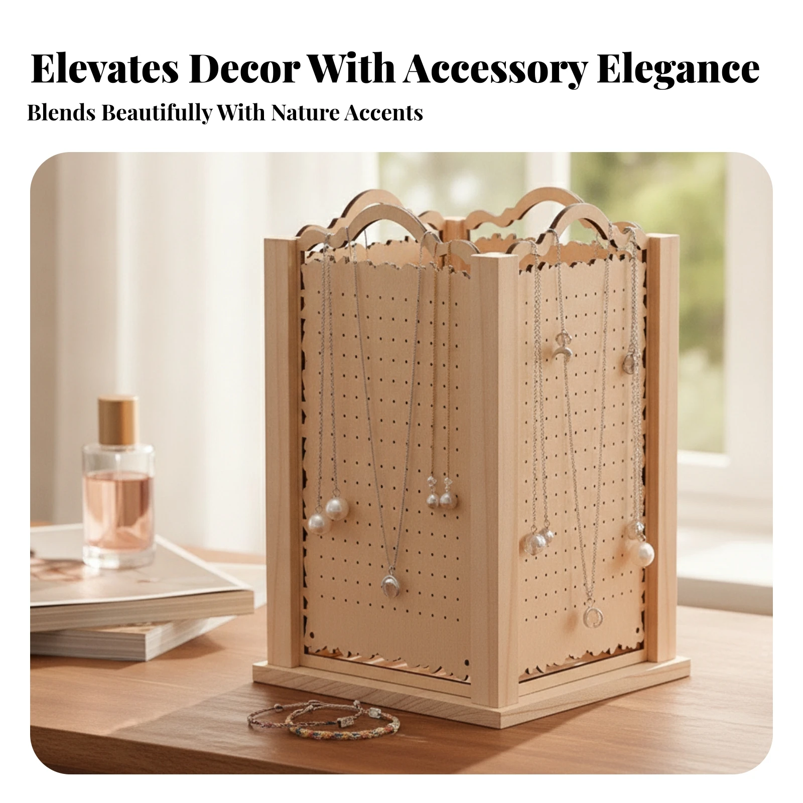 Rotating Jewelry Display Stand Perforated Four-Sided Jewelry Display Wooden Earring Stand Scalloped Accessory Holder Arched Top
Rotating Jewelry Display Stand Perforated Four-Sided Jewelry Display Wooden Earring Stand Scalloped Accessory Holder Arched Top