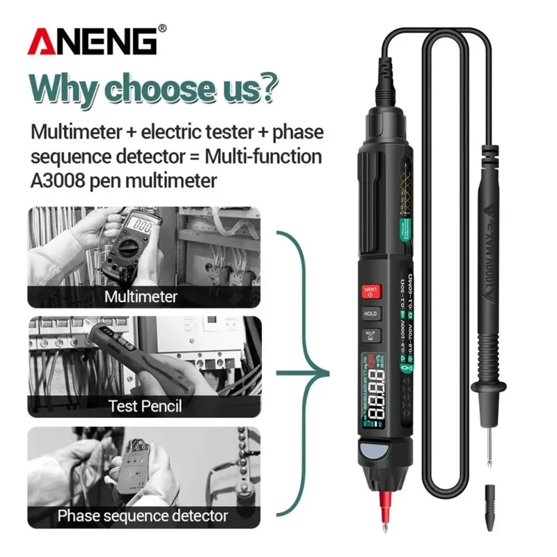 ANENG A3008 Digital Multimeter Test Pen 6000 Counts Auto Intelligent Sensor Electrical AC/DC Voltage NonContact Tester Pencil
ANENG A3008 Digital Multimeter Test Pen 6000 Counts Auto Intelligent Sensor Electrical AC/DC Voltage NonContact Tester Pencil