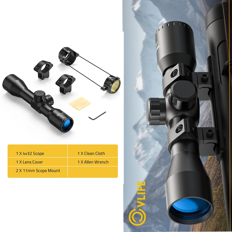 CVLIFE 4x32 Rifle Scope Crosshair Riflescope Optics Sight Sighting with 11mm Scope Mount Ring for Dovetail Tail for Hunting
CVLIFE 4x32 Rifle Scope Crosshair Riflescope Optics Sight Sighting with 11mm Scope Mount Ring for Dovetail Tail for Hunting