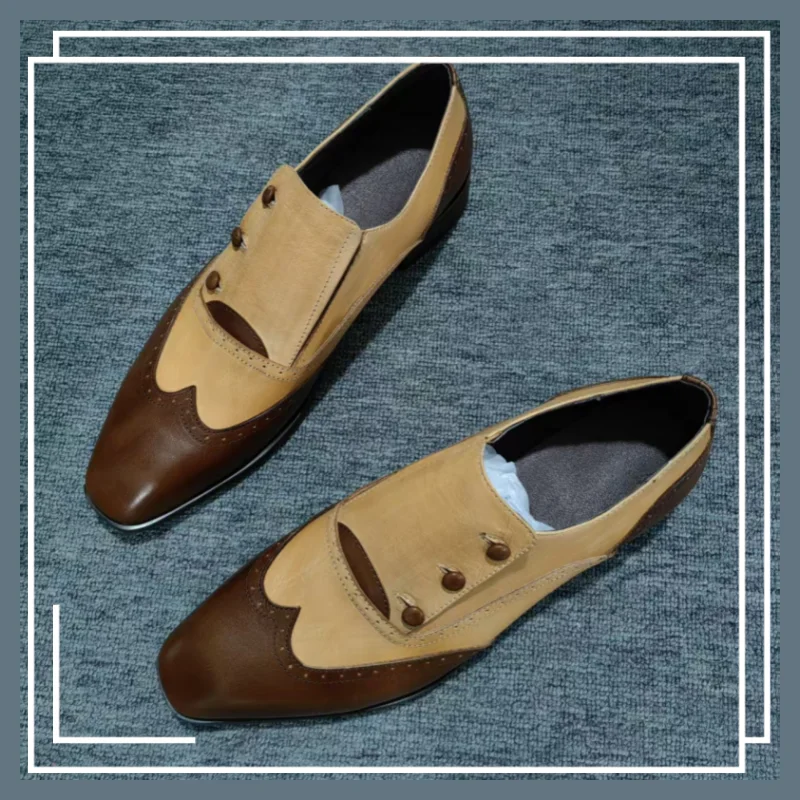 Round Button Square Toe Man Leather Shoes Flat Chunky Low Heel Retro Brown Shallow Slip-on Men Casual Office Male Patchwork Shoe
Round Button Square Toe Man Leather Shoes Flat Chunky Low Heel Retro Brown Shallow Slip-on Men Casual Office Male Patchwork Shoe