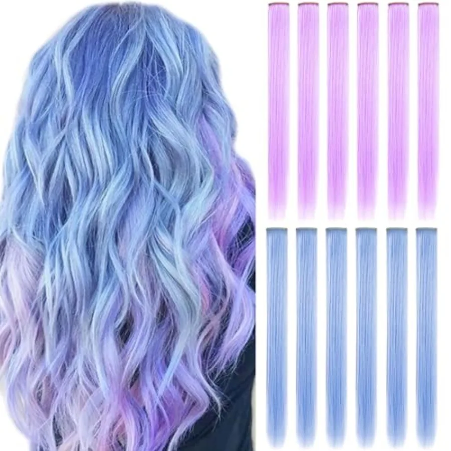 Colored Clip in Hair Extensions - 12 PCS Light blue Light purple Highlighted Hair Piece Straight Synthetic
Colored Clip in Hair Extensions - 12 PCS Light blue Light purple Highlighted Hair Piece Straight Synthetic