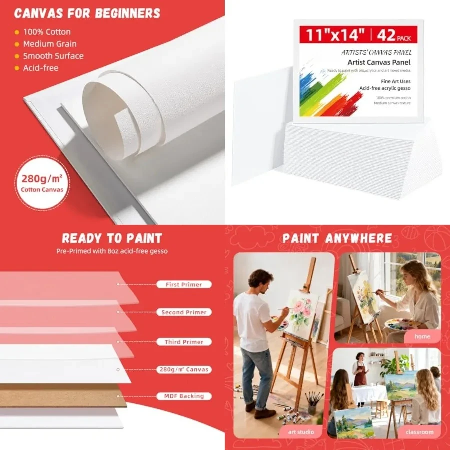 11 x 14 inch 42 Pack Flat Painting Canvas Boards- Gesso Primed Acid-Free 100% Cotton Canvas Panels for Acrylics Oil Watercolor Tempera Paints
11 x 14 inch 42 Pack Flat Painting Canvas Boards- Gesso Primed Acid-Free 100% Cotton Canvas Panels for Acrylics Oil Watercolor Tempera Paints