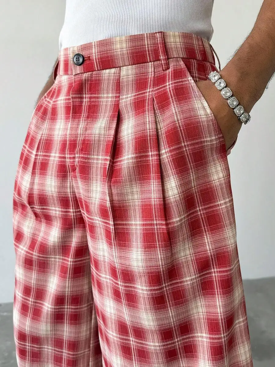 Red And Beige Tartan Pleated Wide-Leg Cropped Shorts For Summer Street Style
Red And Beige Tartan Pleated Wide-Leg Cropped Shorts For Summer Street Style