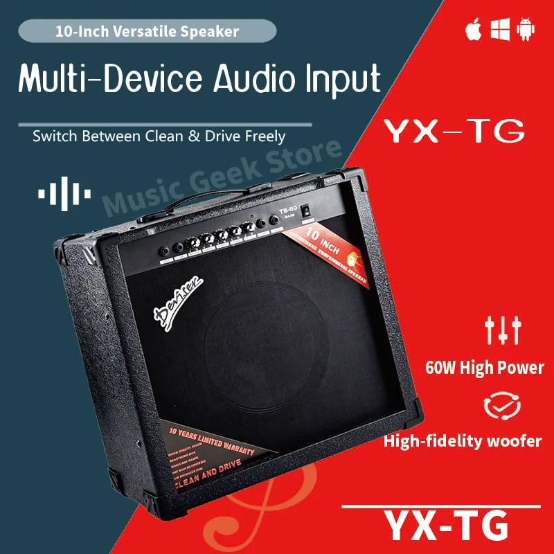60W Electric Guitar Amplifier 10 Inch Speaker Clean & Drive Mic In AUX Headphone Jack for Practice Stage
60W Electric Guitar Amplifier 10 Inch Speaker Clean & Drive Mic In AUX Headphone Jack for Practice Stage