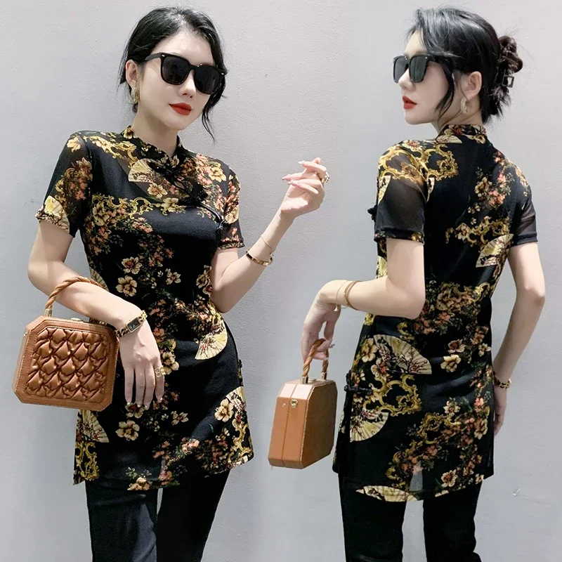 Summer European Clothes Tshirts Women Sexy Stand Collar Print Mesh Cheongsam Tops Short Sleeve Stretchy Tees ZL769
Summer European Clothes Tshirts Women Sexy Stand Collar Print Mesh Cheongsam Tops Short Sleeve Stretchy Tees ZL769