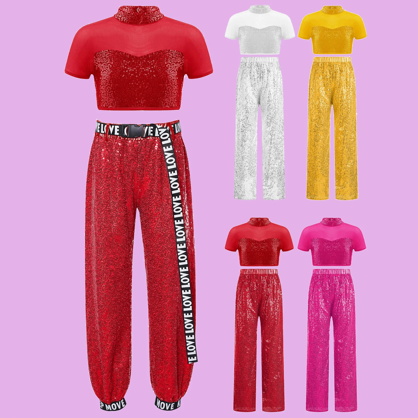 Kids Girls Sequins Dance Sets Sparkly Costume Short Sleeve Mesh Crop Top with High Waist Wide-Leg Pants Jazz Modern Dancewear 
Kids Girls Sequins Dance Sets Sparkly Costume Short Sleeve Mesh Crop Top with High Waist Wide-Leg Pants Jazz Modern Dancewear