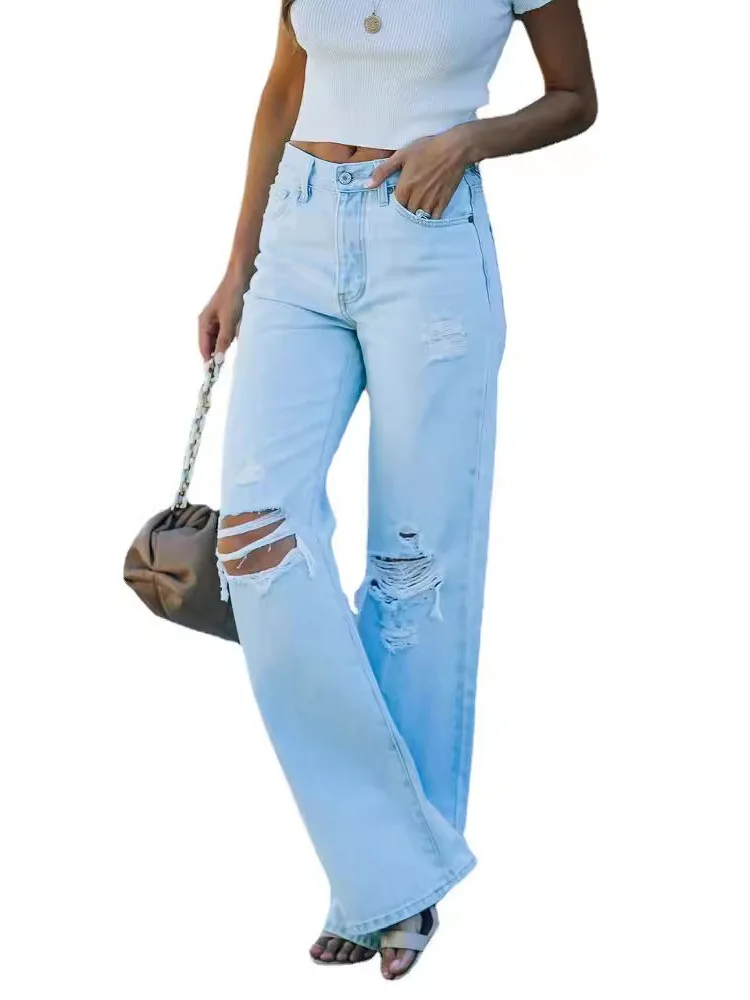 Washed Light Blue Denim Casual High Waist Straight Leg Jeans Women's Fashion Transient Hole Punching Long Pants
Washed Light Blue Denim Casual High Waist Straight Leg Jeans Women's Fashion Transient Hole Punching Long Pants