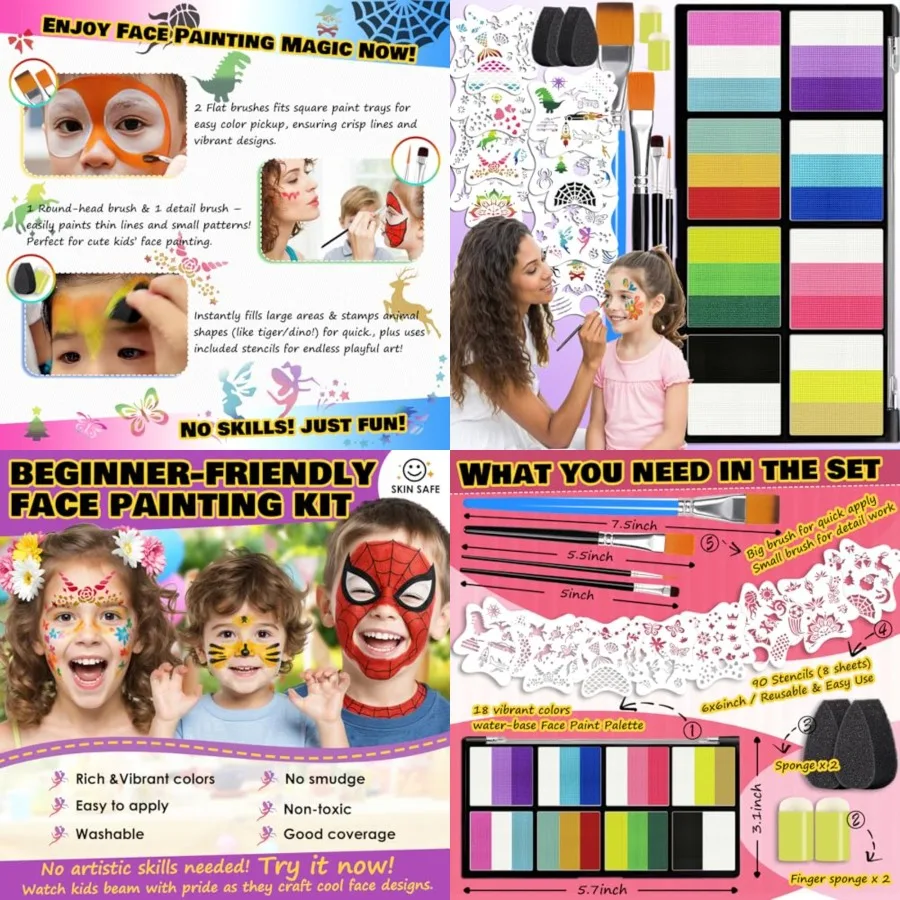 Face Painting Kit for - 18 Vibrant Colors Stencils and Brushes Safe Non-Toxic and Washable for and Adults Perfect for Halloween
Face Painting Kit for - 18 Vibrant Colors Stencils and Brushes Safe Non-Toxic and Washable for and Adults Perfect for Halloween