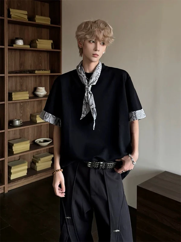 Shoulder Pad Short Sleeve Men's T-Shirt Summer Heavyweight Snakeskin Patchwork Cuff Silk Scarf Half Sleeve Top Design Sense
Shoulder Pad Short Sleeve Men's T-Shirt Summer Heavyweight Snakeskin Patchwork Cuff Silk Scarf Half Sleeve Top Design Sense