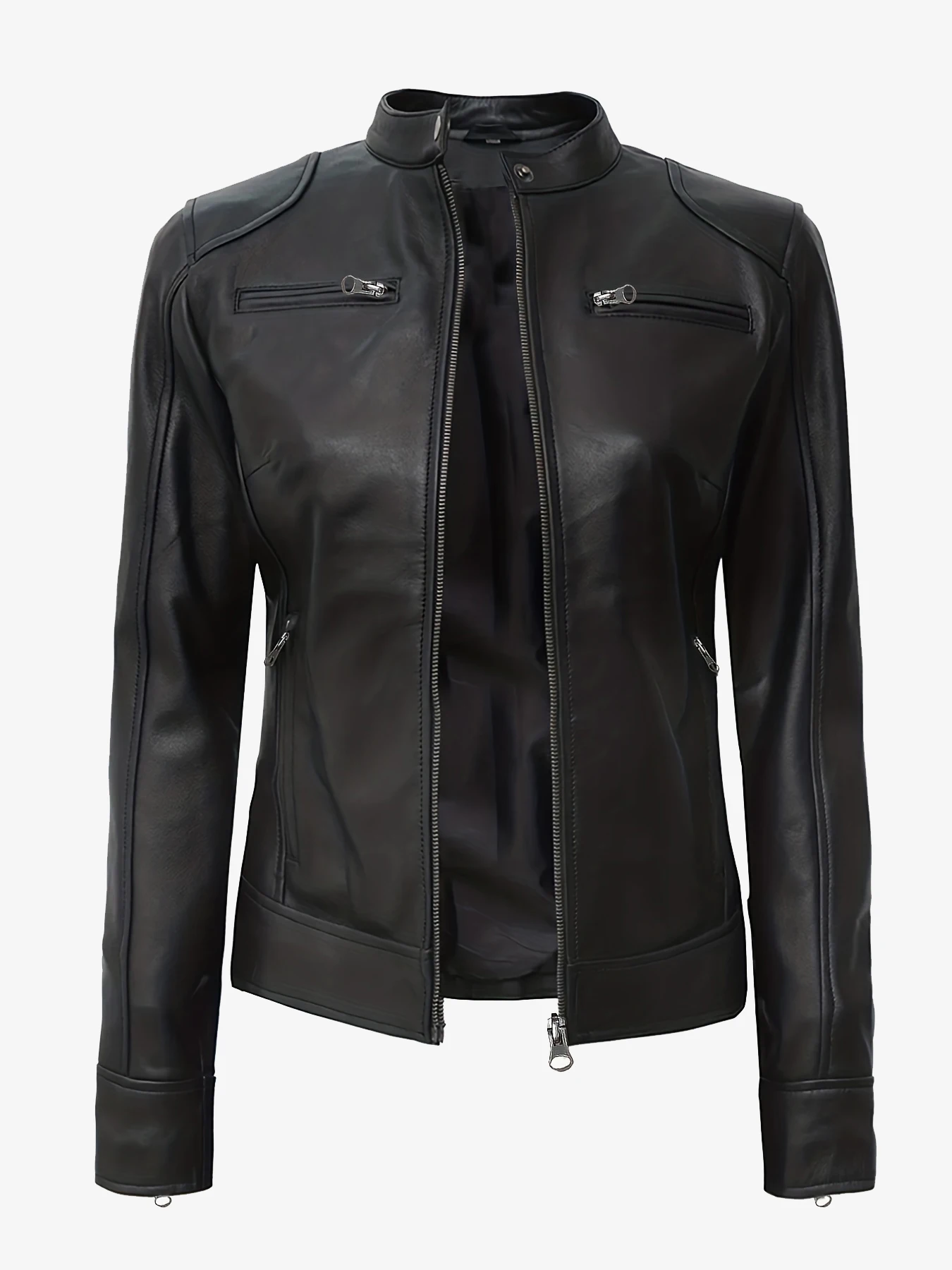 Women's Leather Jacket - Slim Fit A-line Zipper Cycling Jacket, Stand Collar Long Sleeve Casual Cycling Jacket, All-Season PU Le
Women's Leather Jacket - Slim Fit A-line Zipper Cycling Jacket, Stand Collar Long Sleeve Casual Cycling Jacket, All-Season PU Le