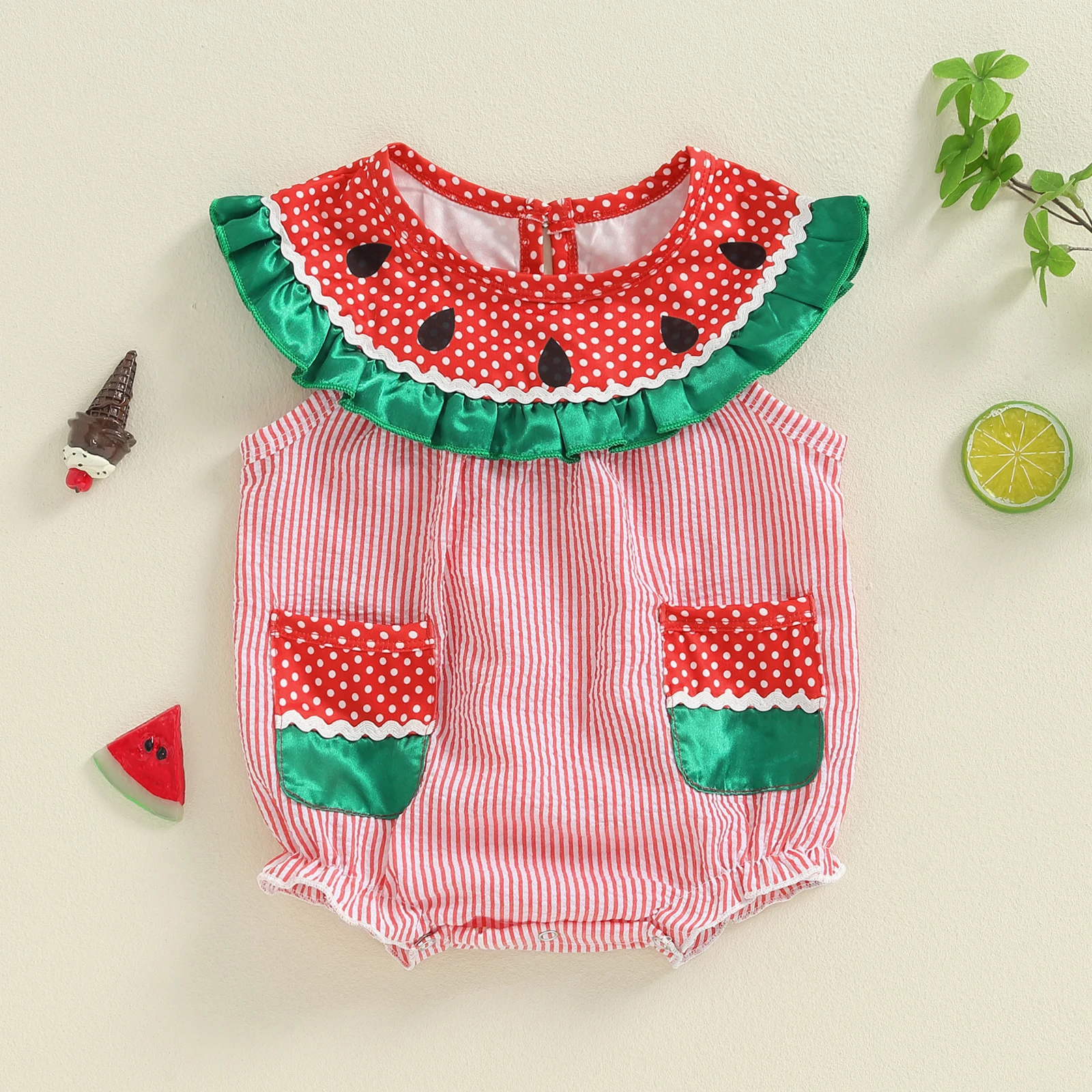 Summer Baby Girl Bodysuits Watermelon Print Sleeveless Jumpsuit with Pockets Toddler Baby Striped Romper Overalls Costume
Summer Baby Girl Bodysuits Watermelon Print Sleeveless Jumpsuit with Pockets Toddler Baby Striped Romper Overalls Costume