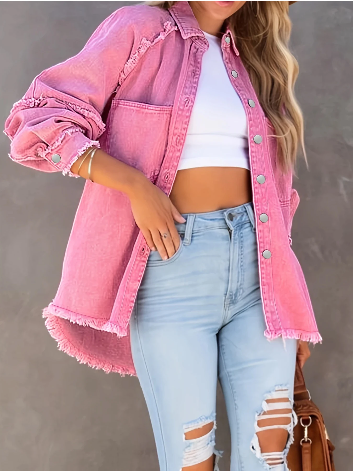 Plus Size Women's Pink Frayed Raglan Sleeve Denim Jacket, Lapel Long Sleeve Irregular Hem Shirt Jacket, Sweet Statement Top
Plus Size Women's Pink Frayed Raglan Sleeve Denim Jacket, Lapel Long Sleeve Irregular Hem Shirt Jacket, Sweet Statement Top