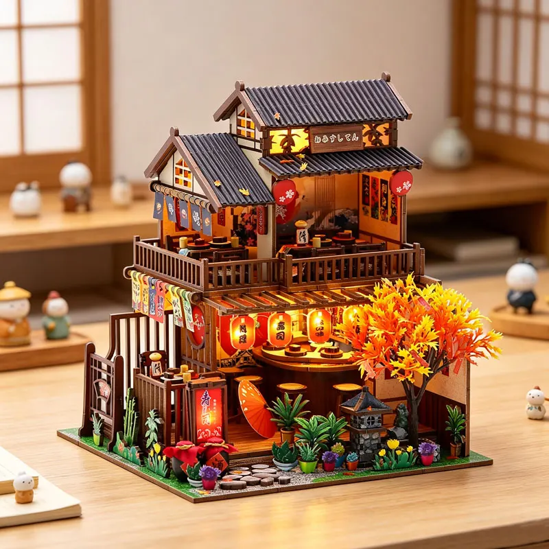 Japanese Izakaya Sushi Restaurant DIY Miniature Dollhouse Kit with LED Light 3D Wooden Puzzle Full Furniture Creative Gift
Japanese Izakaya Sushi Restaurant DIY Miniature Dollhouse Kit with LED Light 3D Wooden Puzzle Full Furniture Creative Gift