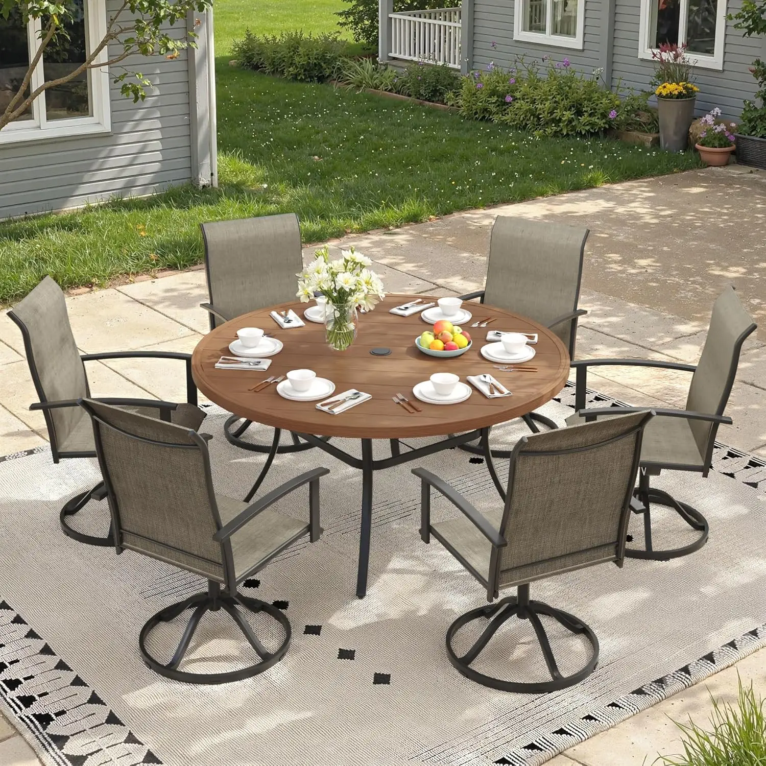 7pcs Round Patio Dining Set 50" Table & Swivel Chairs Outdoor Furniture for Garden Lawn Backyard Walnut Mixed Brown, Customized
7pcs Round Patio Dining Set 50" Table & Swivel Chairs Outdoor Furniture for Garden Lawn Backyard Walnut Mixed Brown, Customized