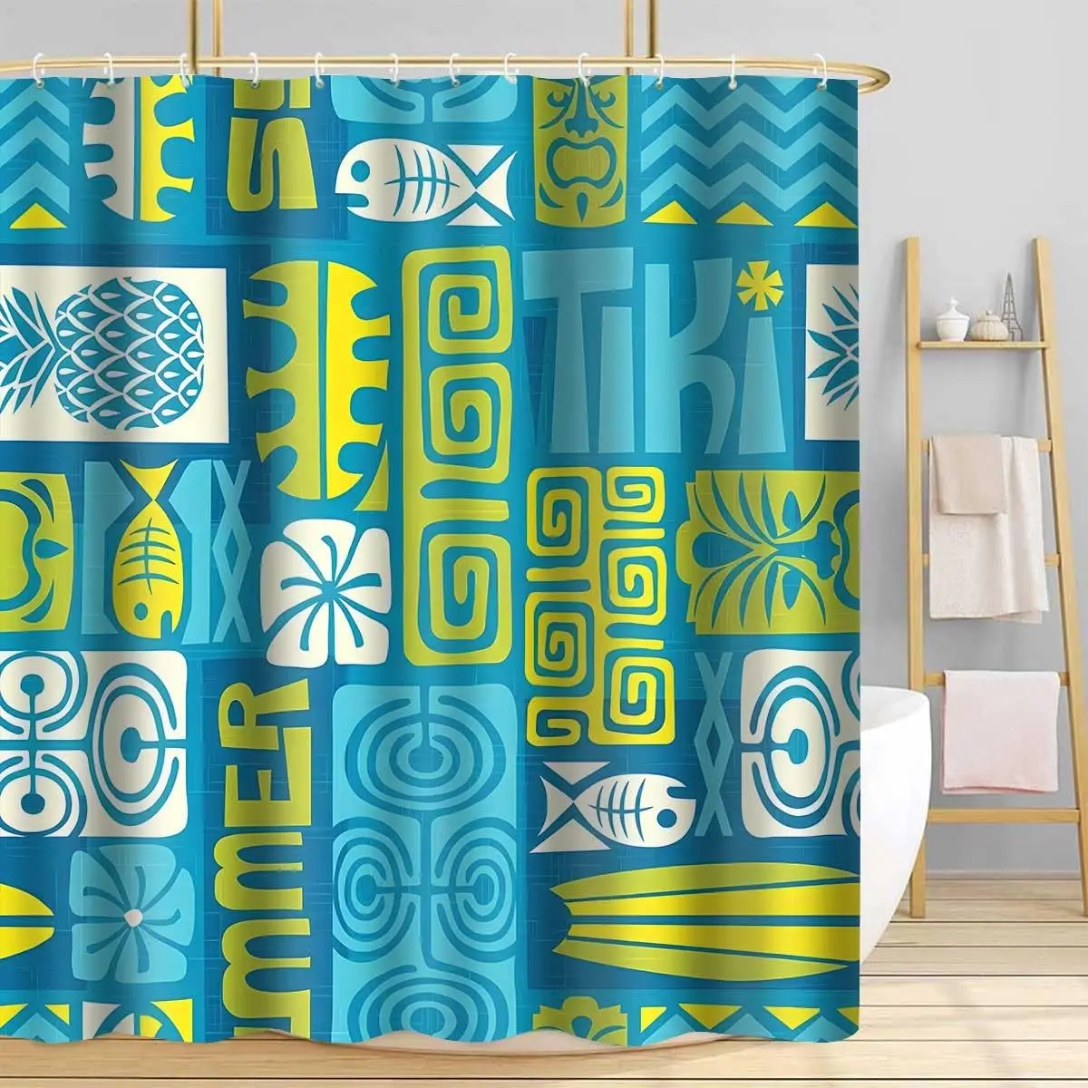 Retro Tiki Hawaiian Shower Curtain, Mid-Century Tropical Geometric Print,Waterproof Fabric for Bathroom, Coastal Tiki Home Decor
Retro Tiki Hawaiian Shower Curtain, Mid-Century Tropical Geometric Print,Waterproof Fabric for Bathroom, Coastal Tiki Home Decor