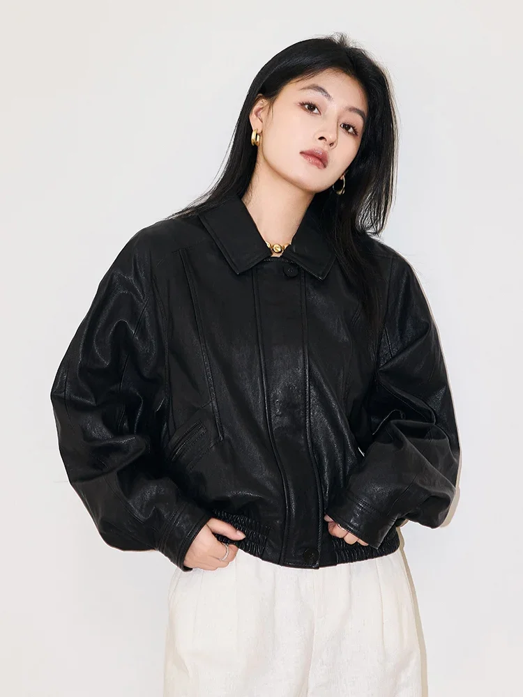 Retro Black Genuine Leather Bomber Jackets for Women Spring Autumn 2026 New High-end Simple Casual Short Real Sheepskin Coat
Retro Black Genuine Leather Bomber Jackets for Women Spring Autumn 2026 New High-end Simple Casual Short Real Sheepskin Coat